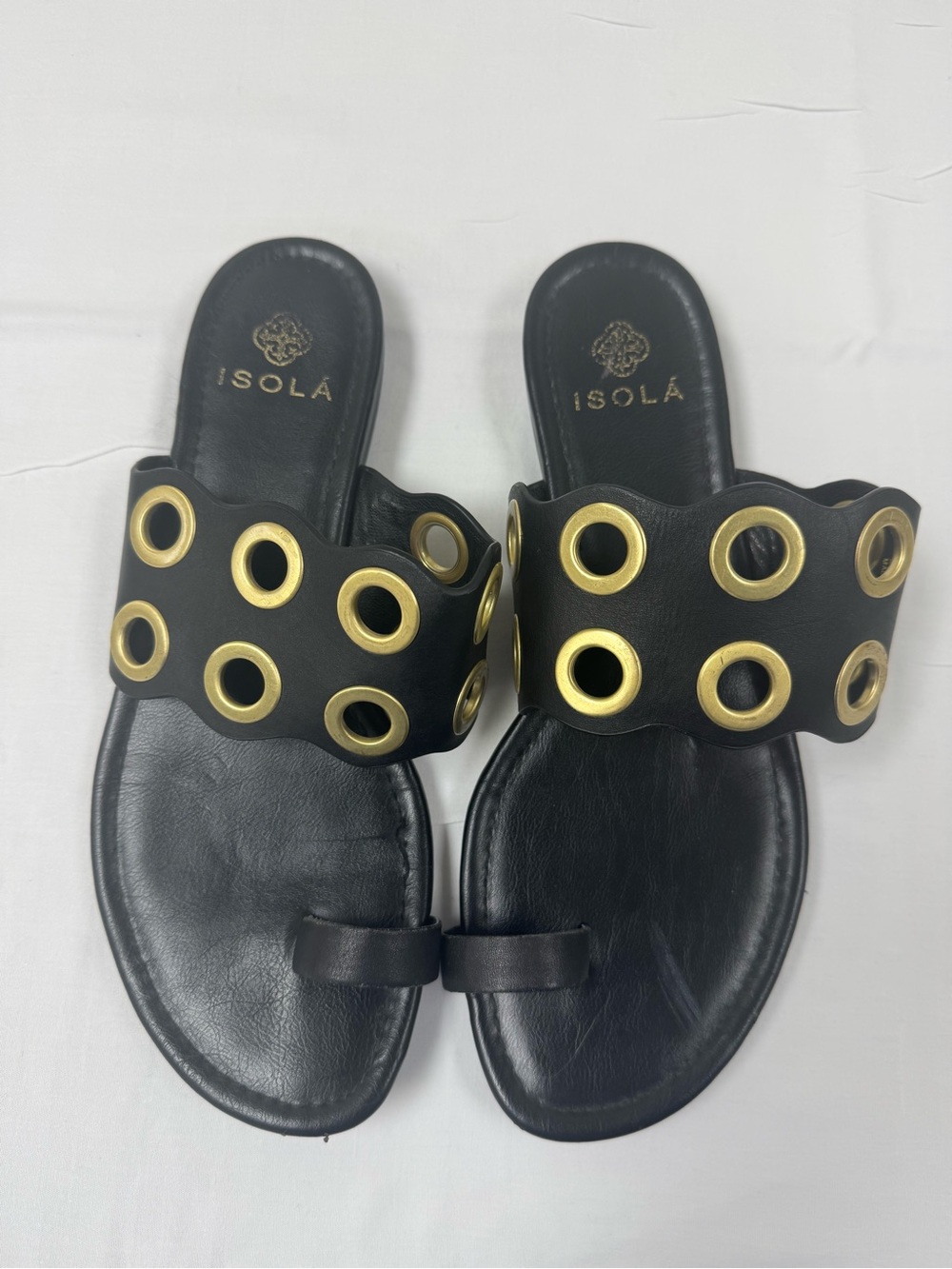 Isola Black Leather Slide Sandals with Gold Eyelet Accents Euro Summer